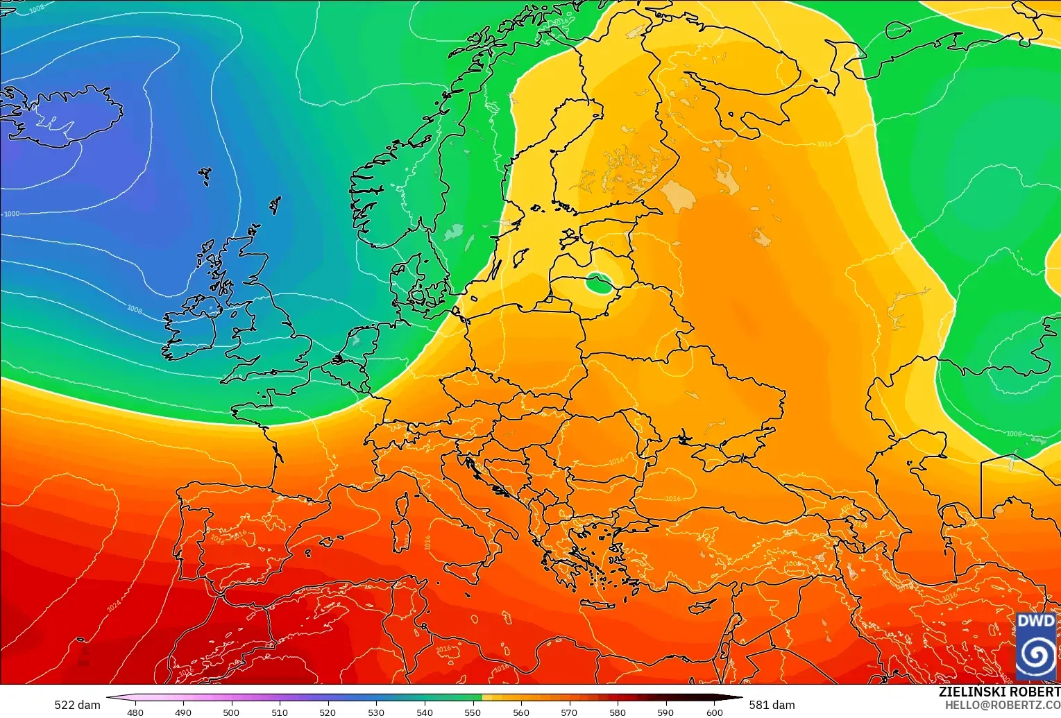 ICON modelo - Europa, Altura geopotencial a 500 hPa