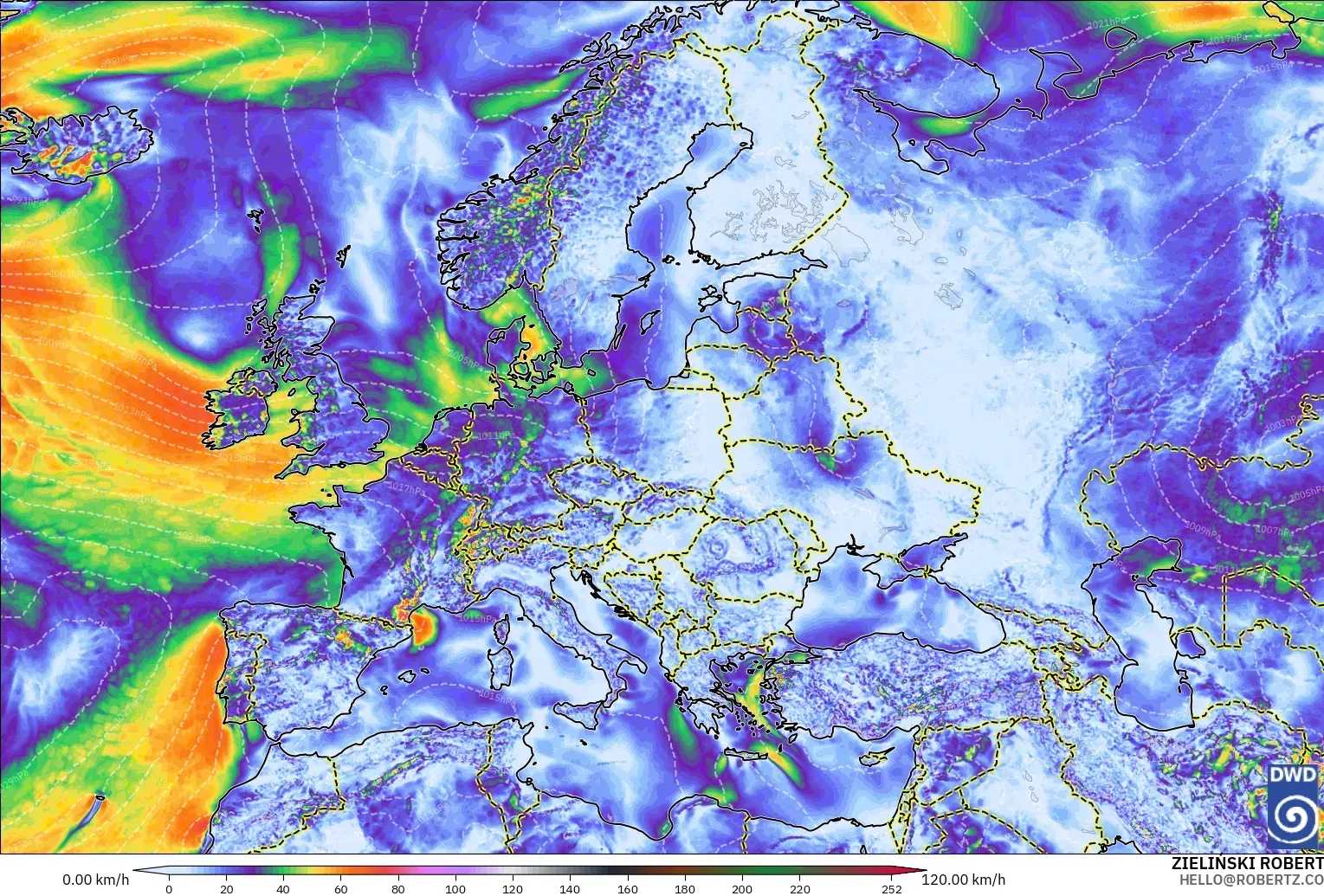 ICON modelo - Europa, Ráfagas de Viento Máximas