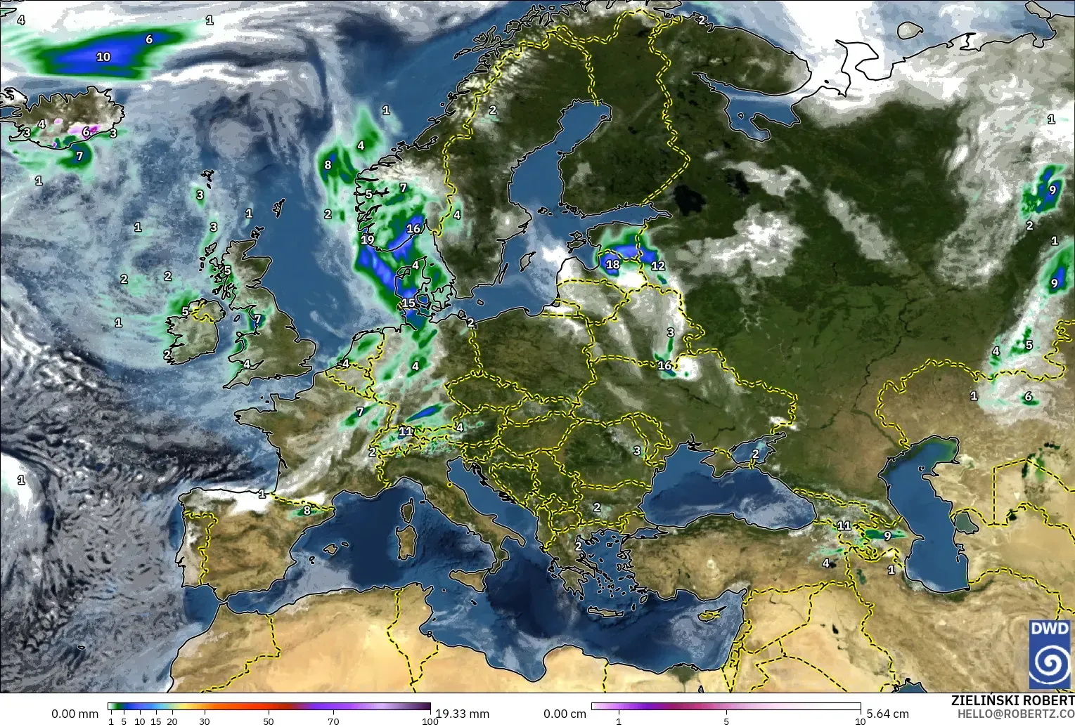 ICON modelo - Europa, Precipitación, nubes y presión