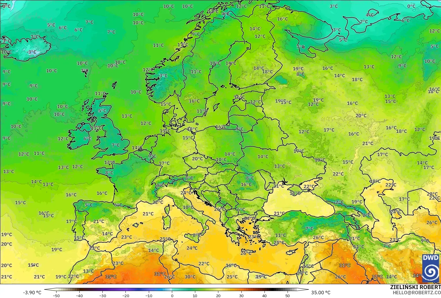 ICON modelo - Europa, Temperatura a 2 m
