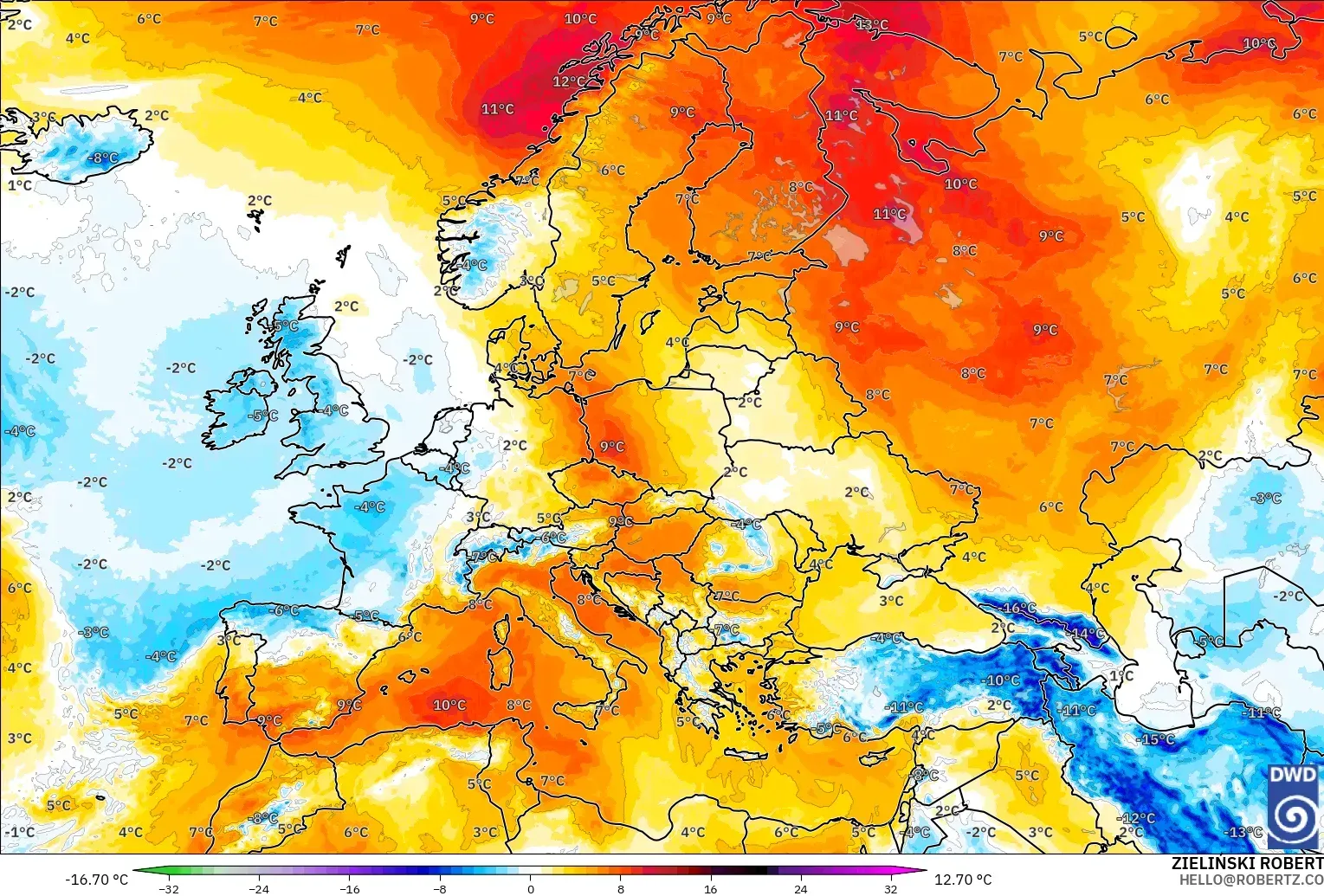 ICON modelo - Europa, Anomalía de temperatura a 850 hPa