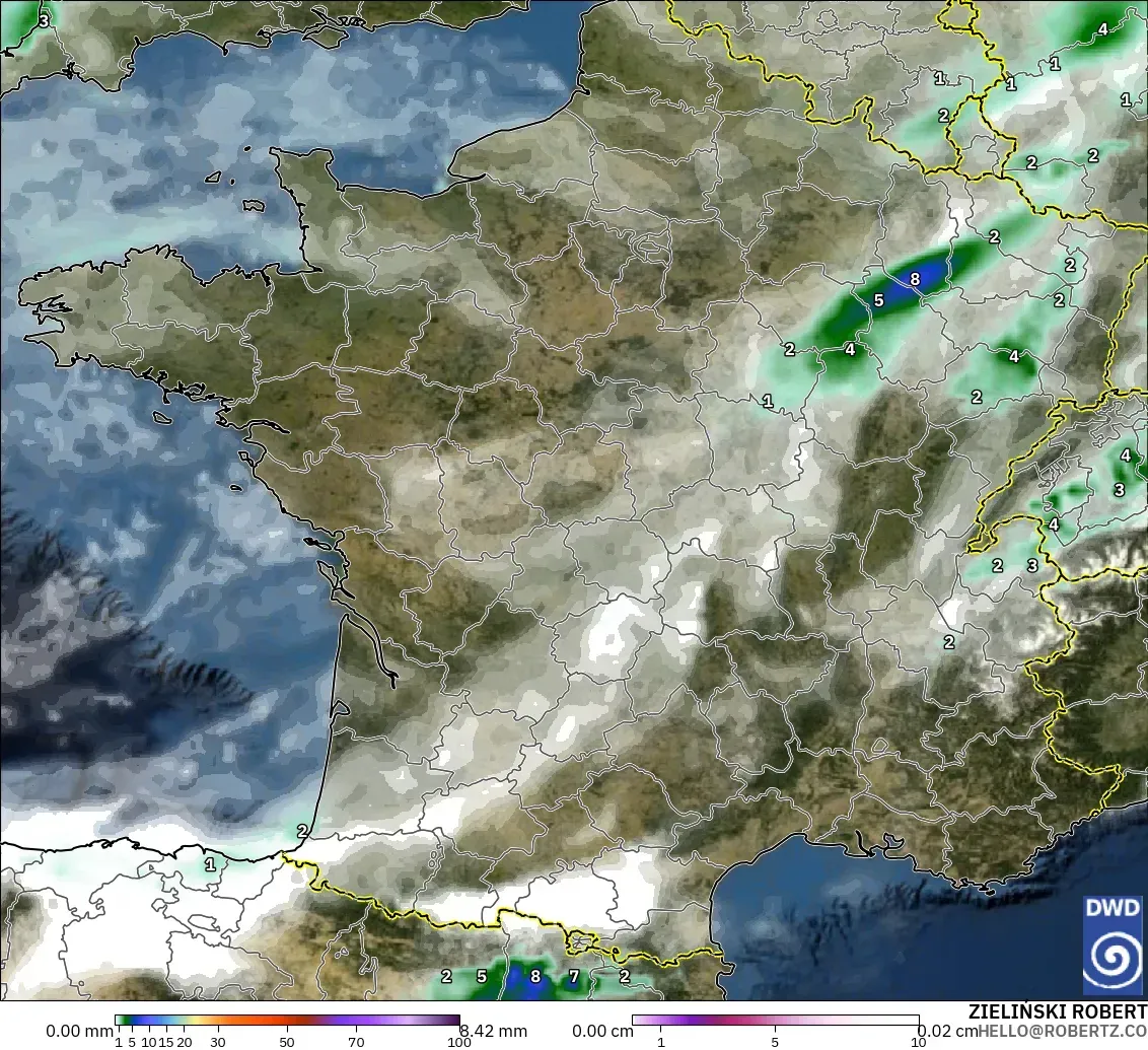 ICON modelo - Francia, Precipitación, nubes y presión