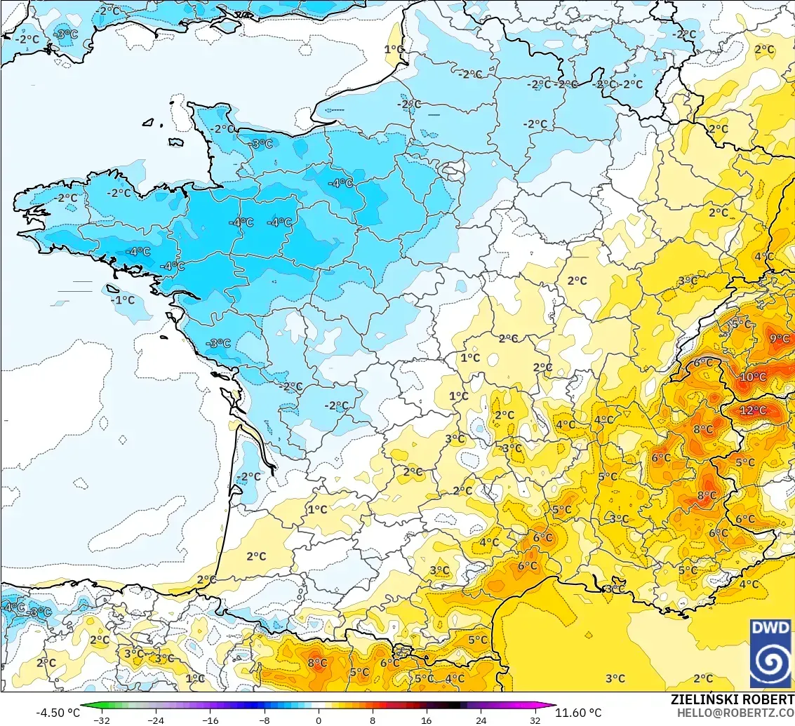 ICON modelo - Francia, Anomalía de temperatura a 2 m