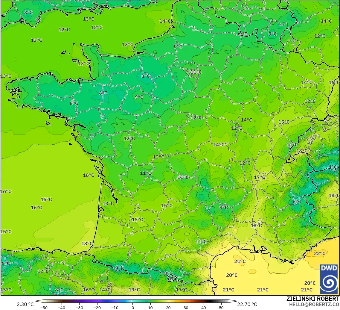 ICON modelo - Francia, Temperatura a 2 m