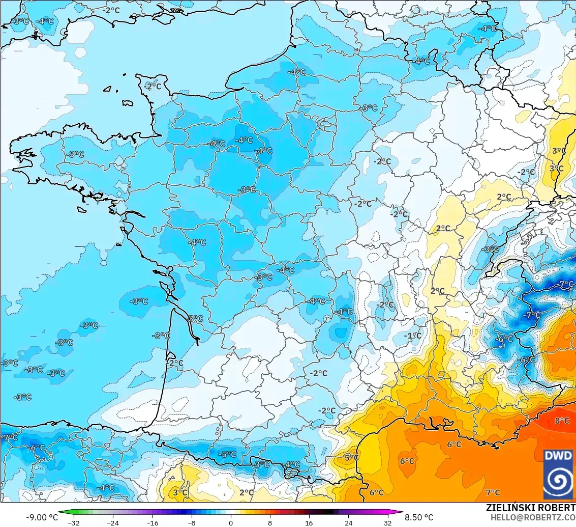 ICON modelo - Francia, Anomalía de temperatura a 850 hPa