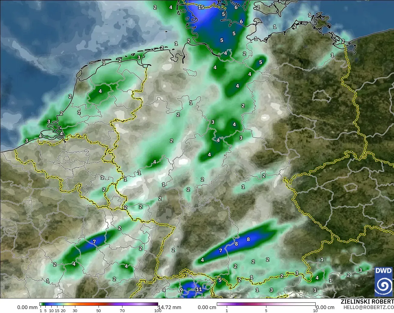 ICON modelo - Alemania, Precipitación, nubes y presión