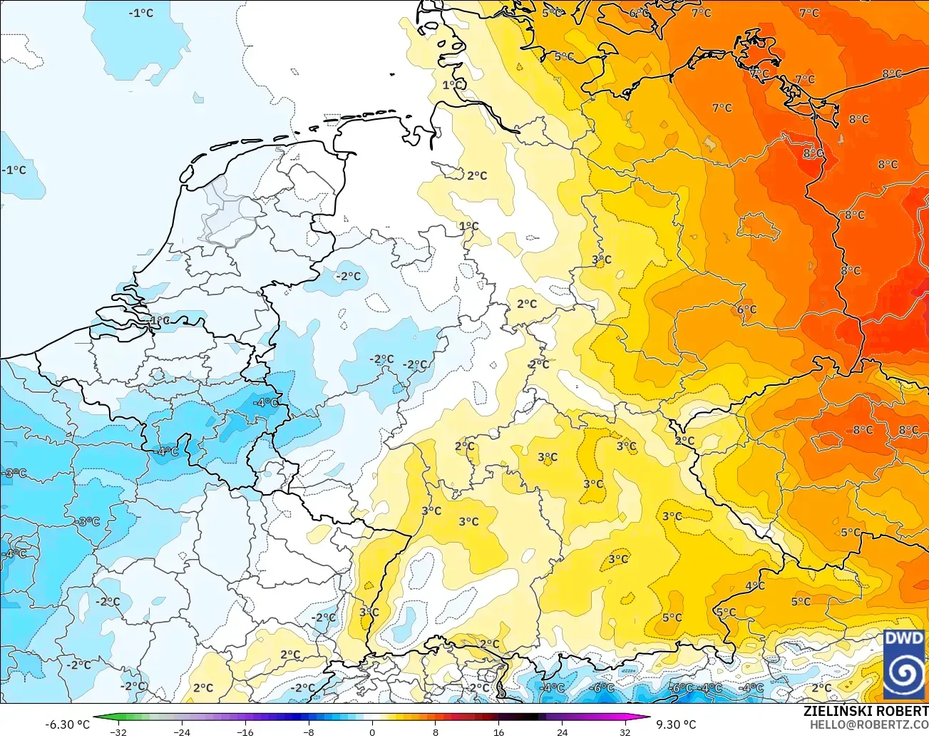 ICON modelo - Alemania, Anomalía de temperatura a 850 hPa