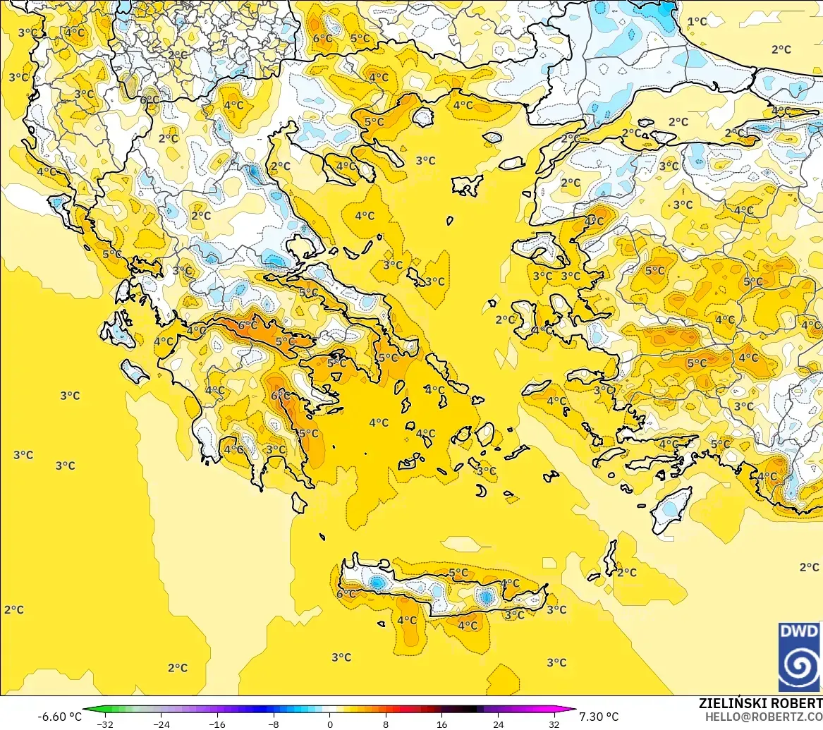 ICON modelo - Grecia, Anomalía de temperatura a 2 m