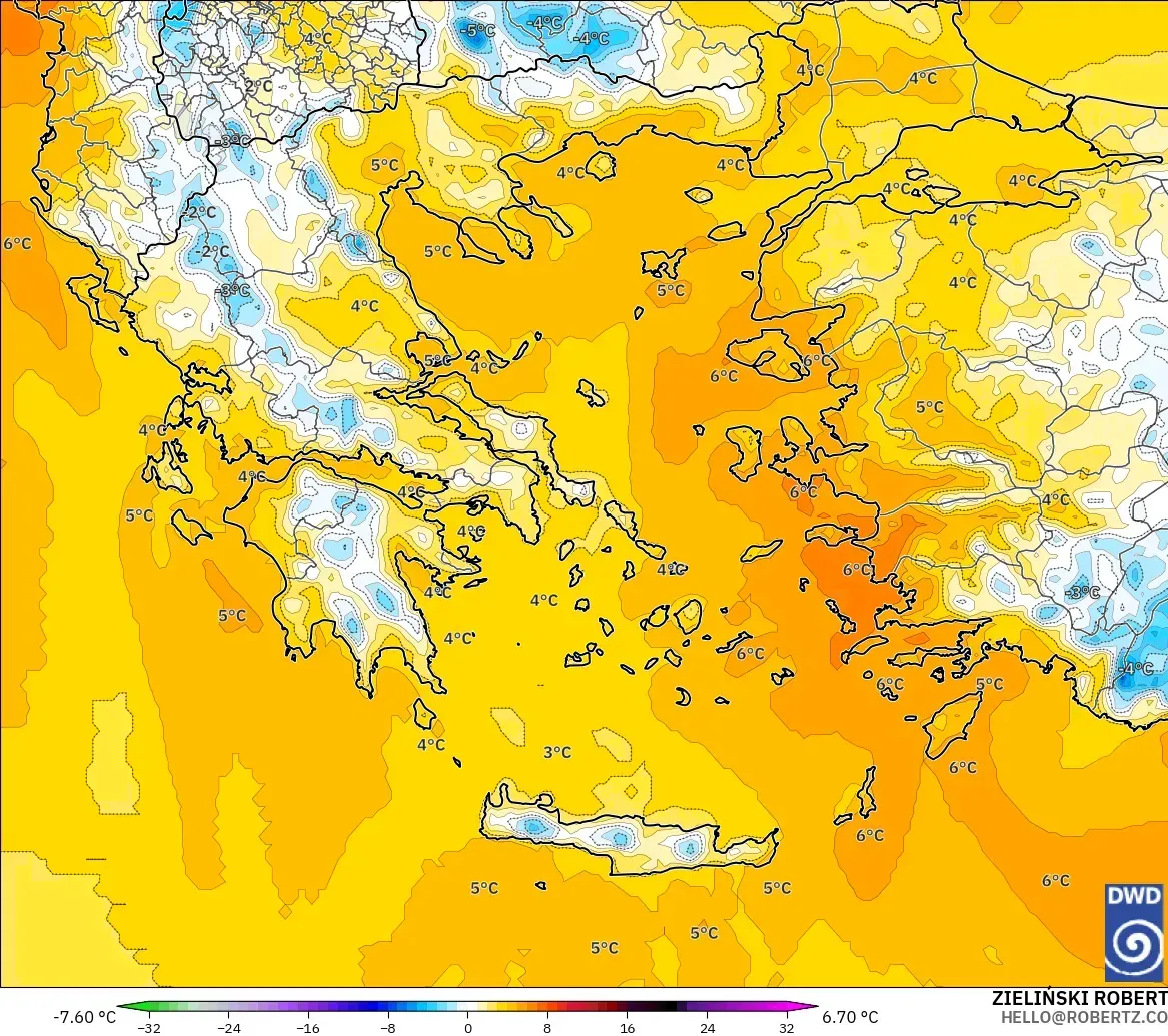 ICON modelo - Grecia, Anomalía de temperatura a 850 hPa