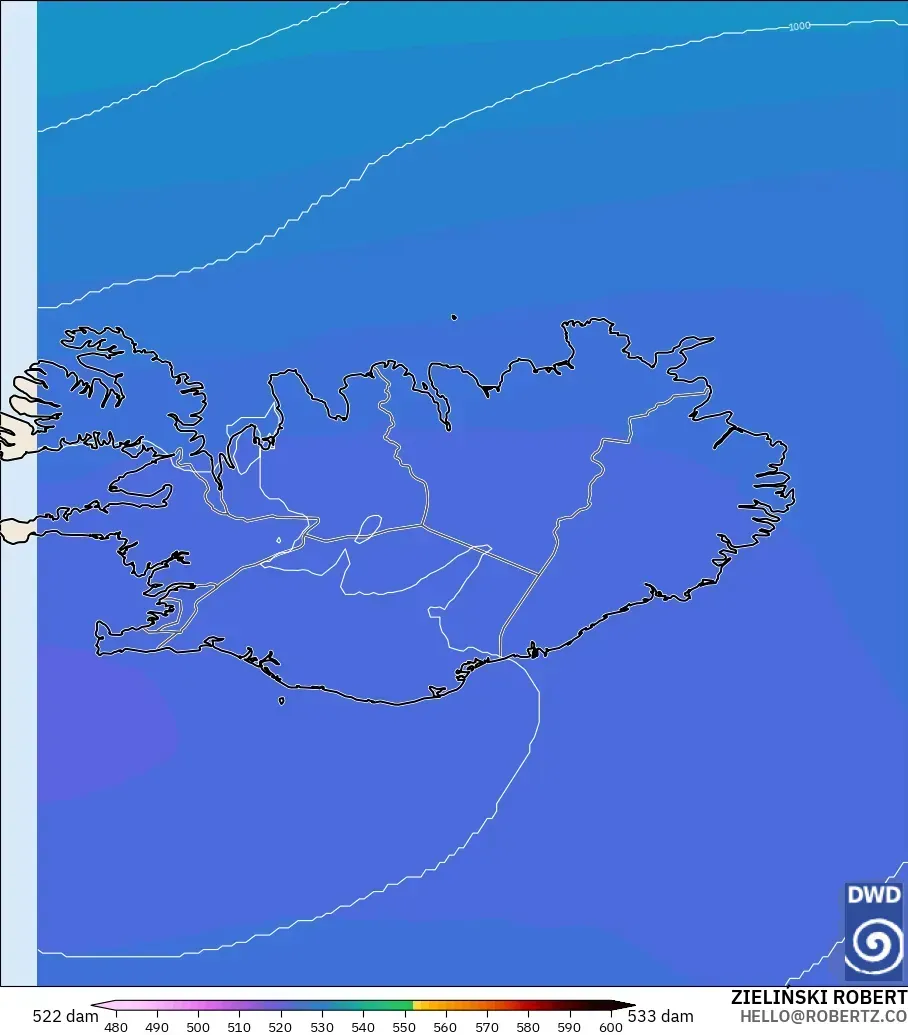 ICON modelo - Islandia, Altura geopotencial a 500 hPa