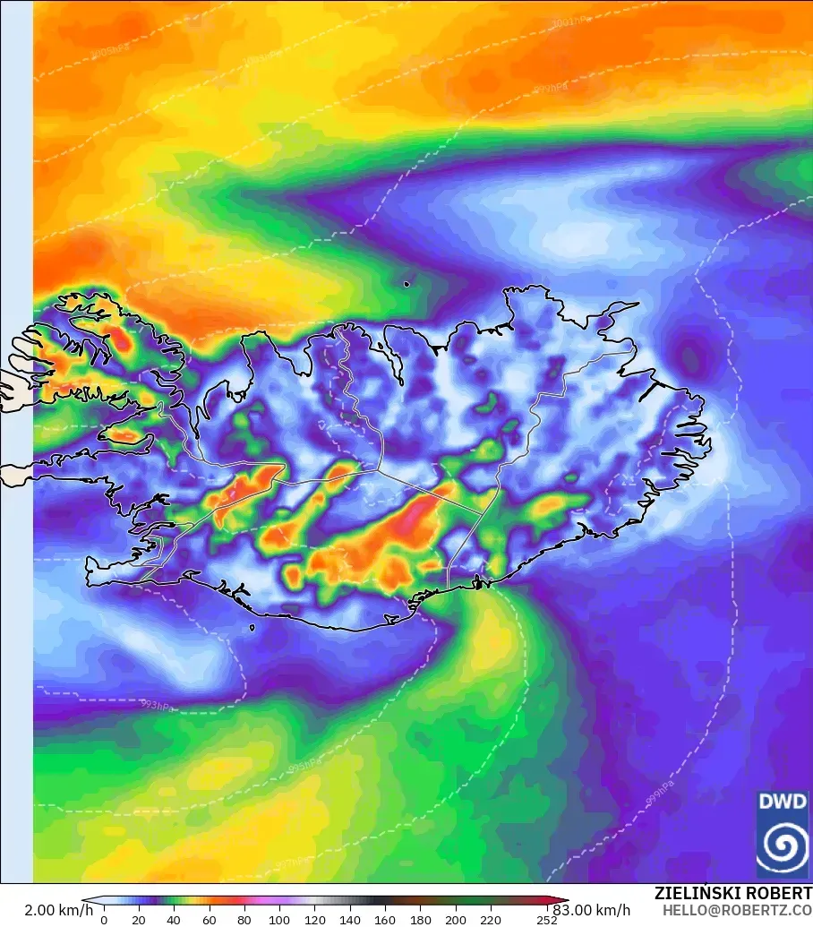 ICON modelo - Islandia, Ráfagas de Viento Máximas