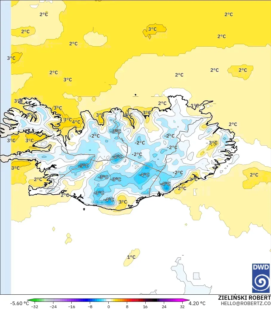ICON modelo - Islandia, Anomalía de temperatura a 2 m