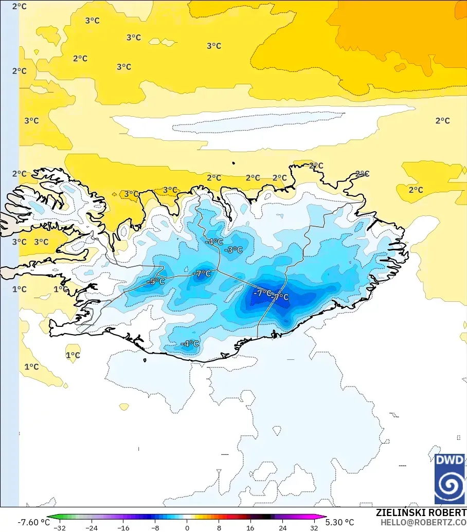 ICON modelo - Islandia, Anomalía de temperatura a 850 hPa