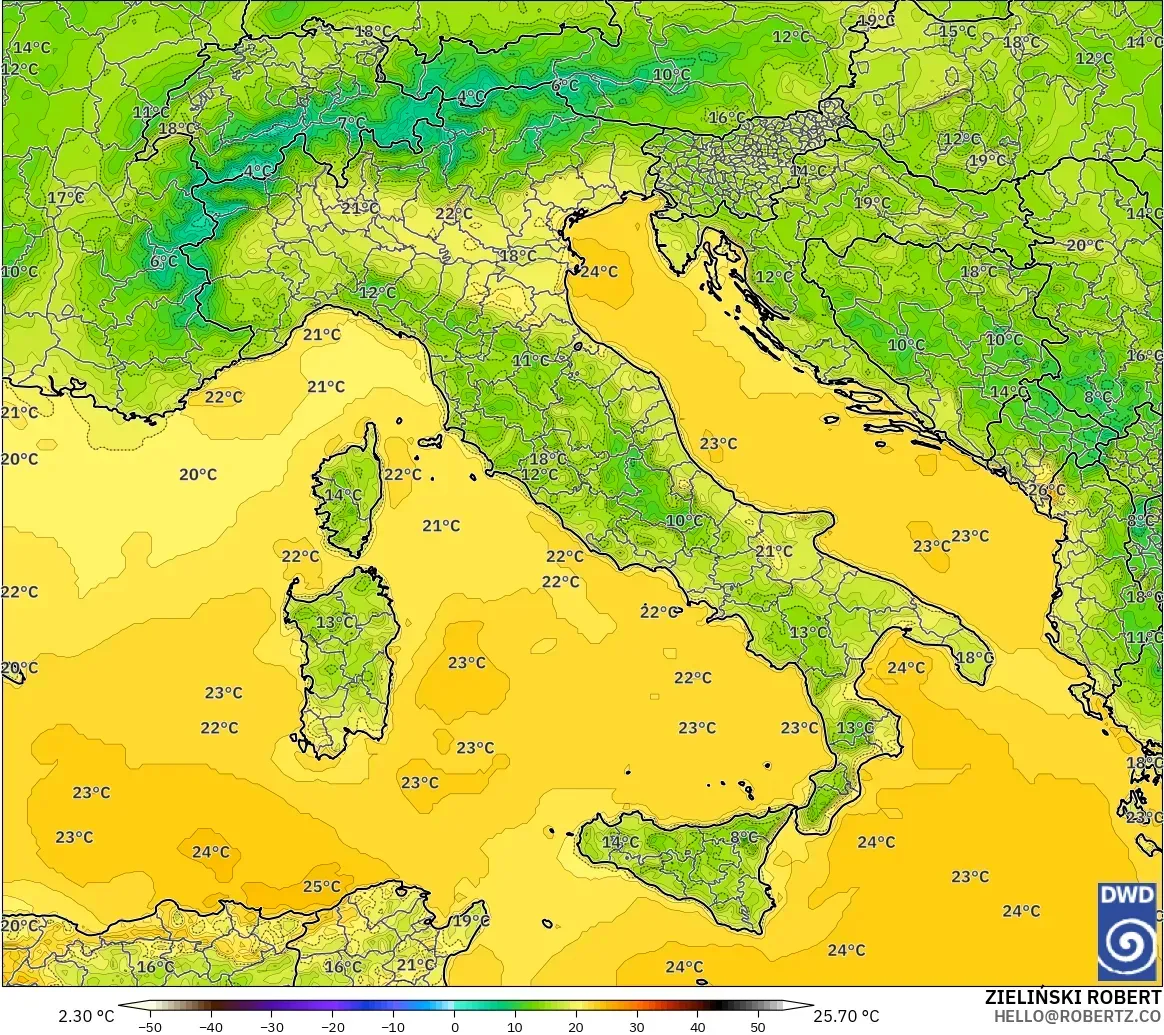 ICON modelo - Italia, Temperatura a 2 m