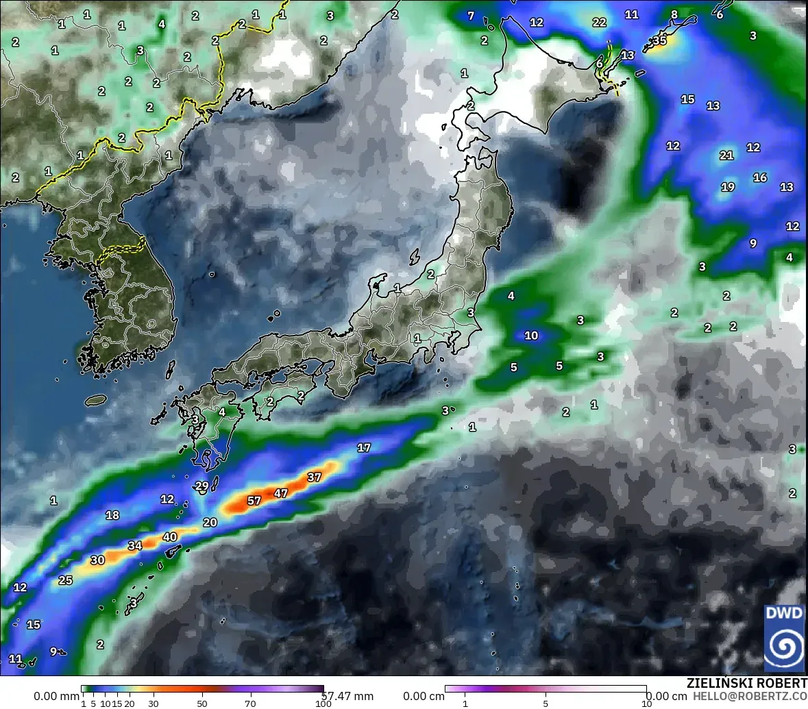 ICON modelo - Japón, Precipitación, nubes y presión