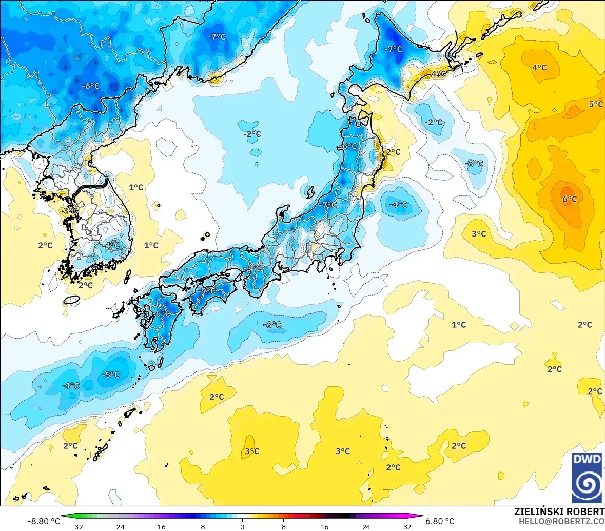 ICON modelo - Japón, Anomalía de temperatura a 2 m