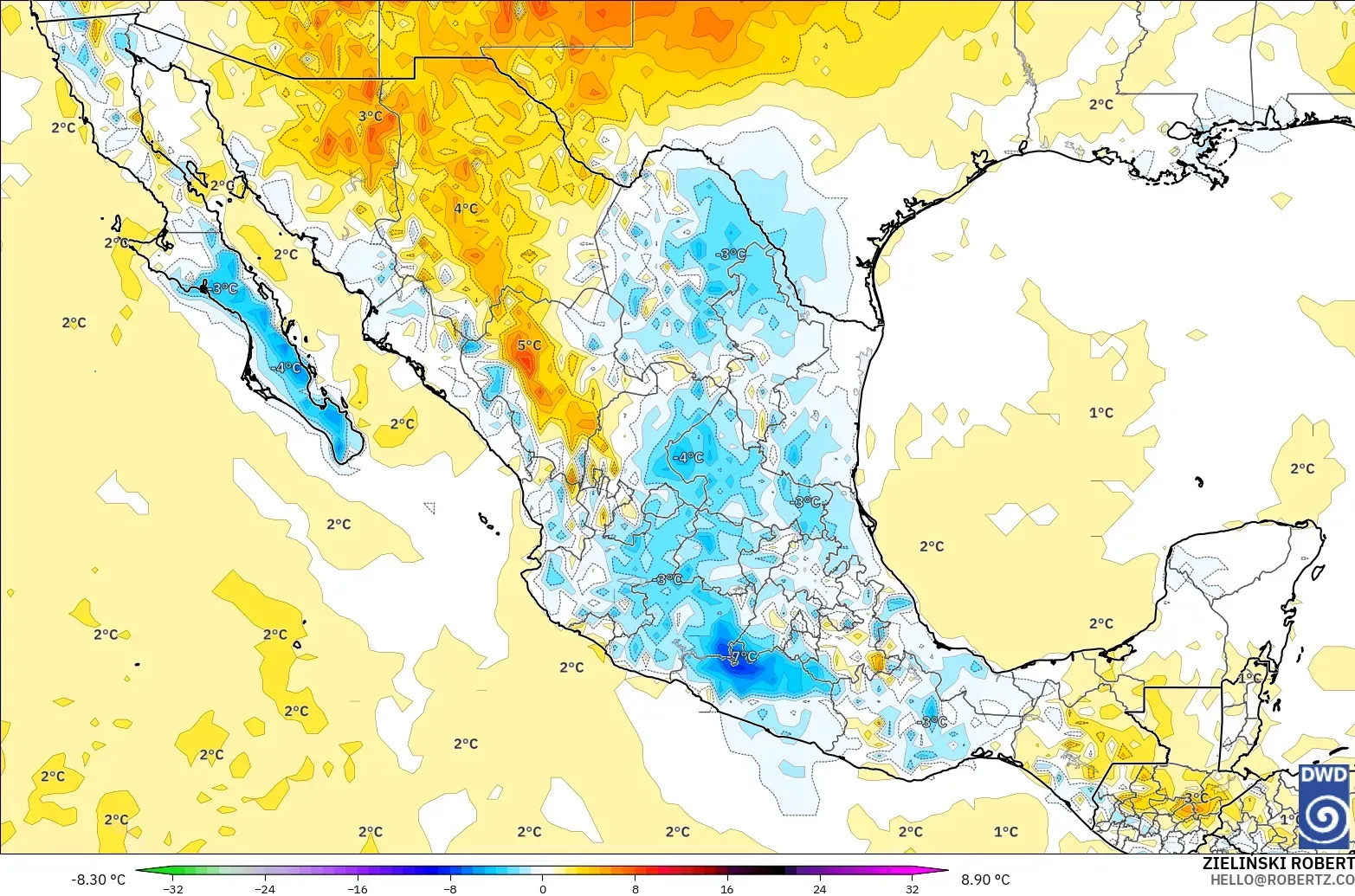 ICON modelo - México, Anomalía de temperatura a 2 m