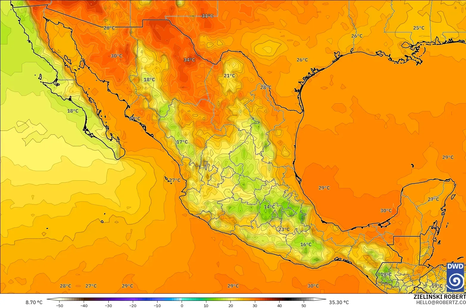 ICON modelo - México, Temperatura a 2 m