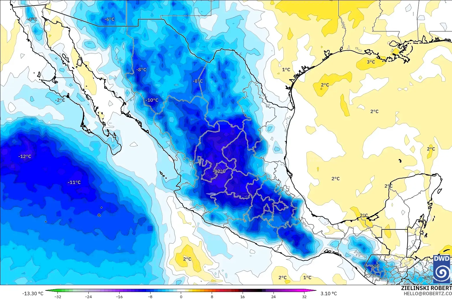 ICON modelo - México, Anomalía de temperatura a 850 hPa