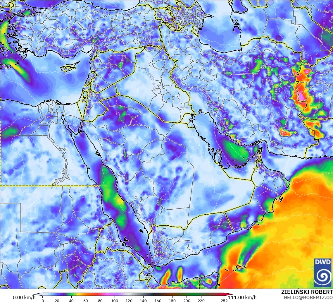 ICON modelo - Oriente Medio, Ráfagas de Viento Máximas
