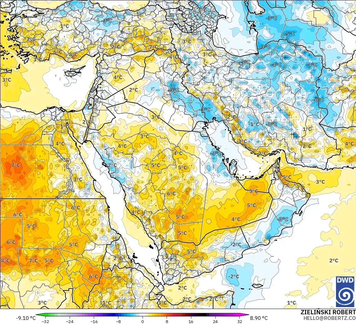 ICON modelo - Oriente Medio, Anomalía de temperatura a 2 m