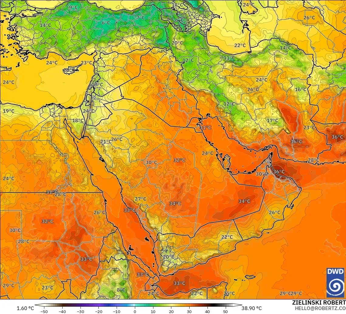 ICON modelo - Oriente Medio, Temperatura a 2 m