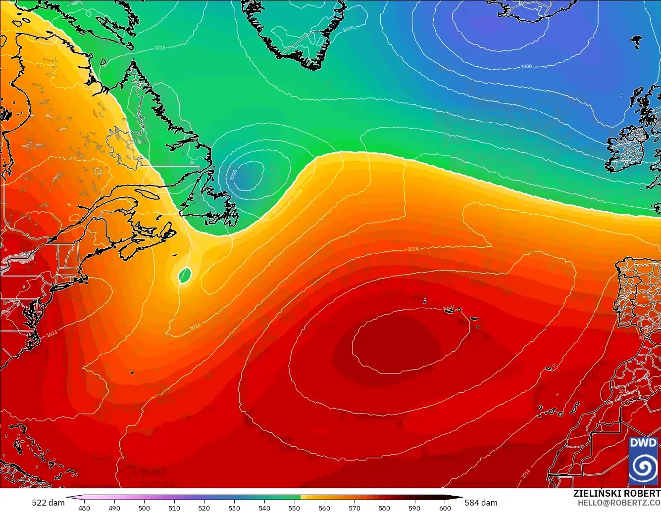ICON modelo - Norte Atlántico, Altura geopotencial a 500 hPa
