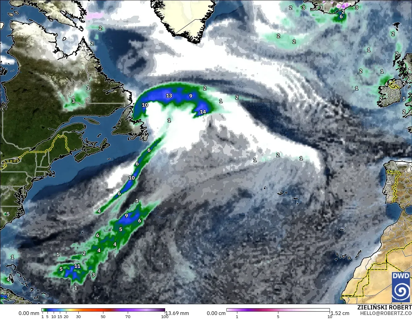 ICON modelo - Norte Atlántico, Precipitación, nubes y presión