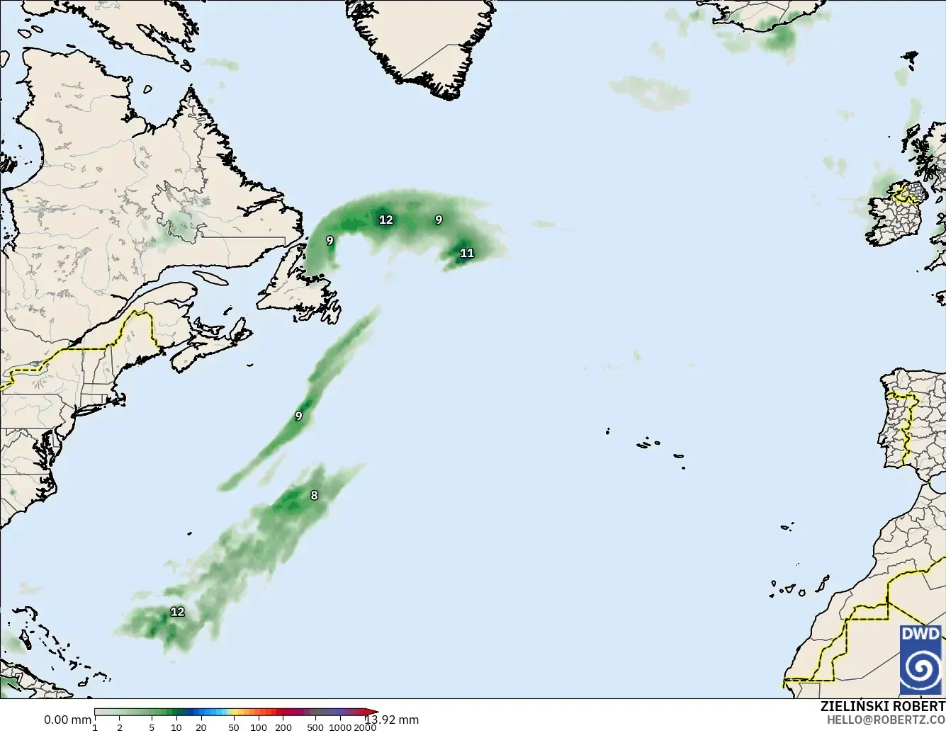 ICON modelo - Norte Atlántico, Acumulación de precipitación