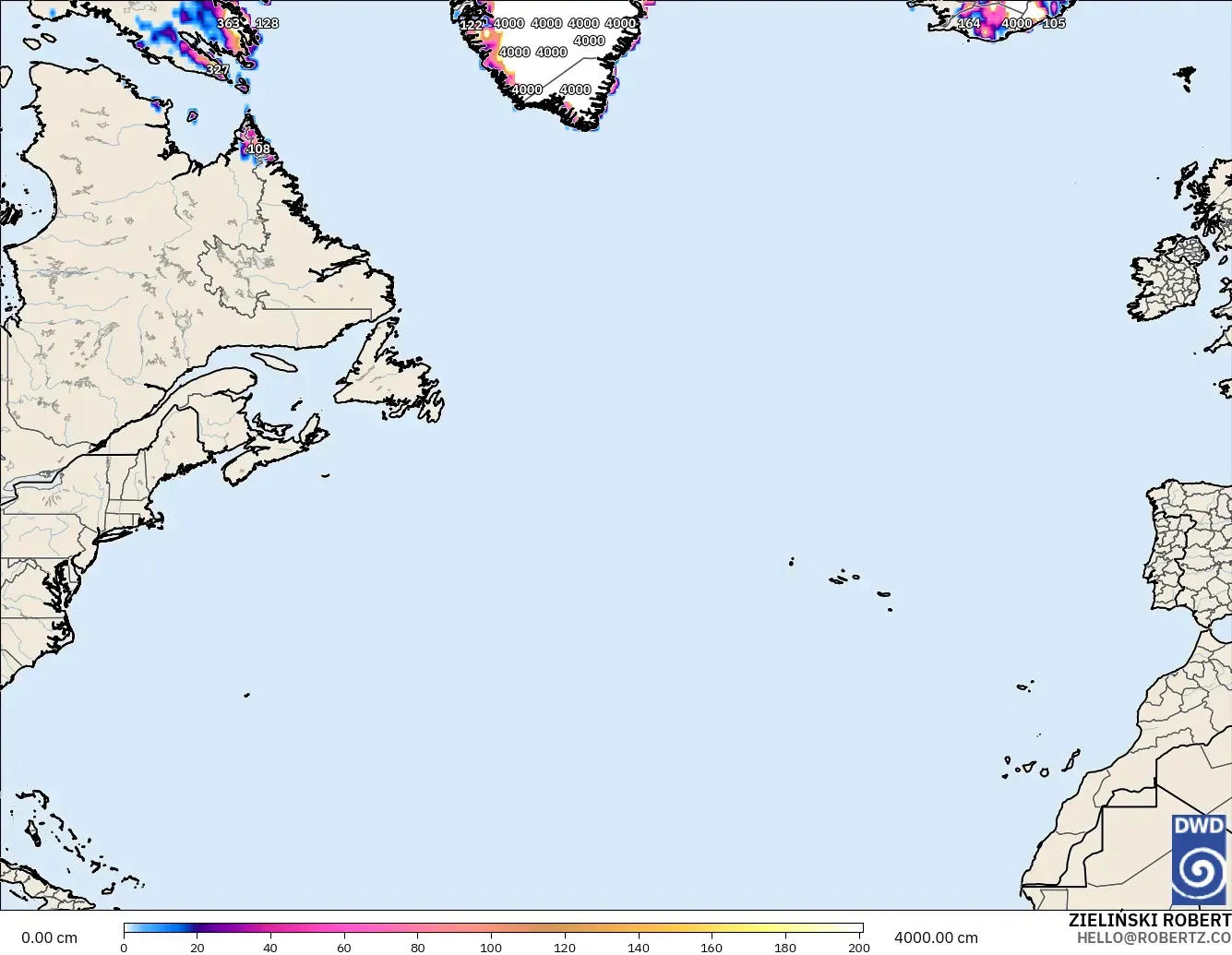 ICON modelo - Norte Atlántico, Profundidad de nieve