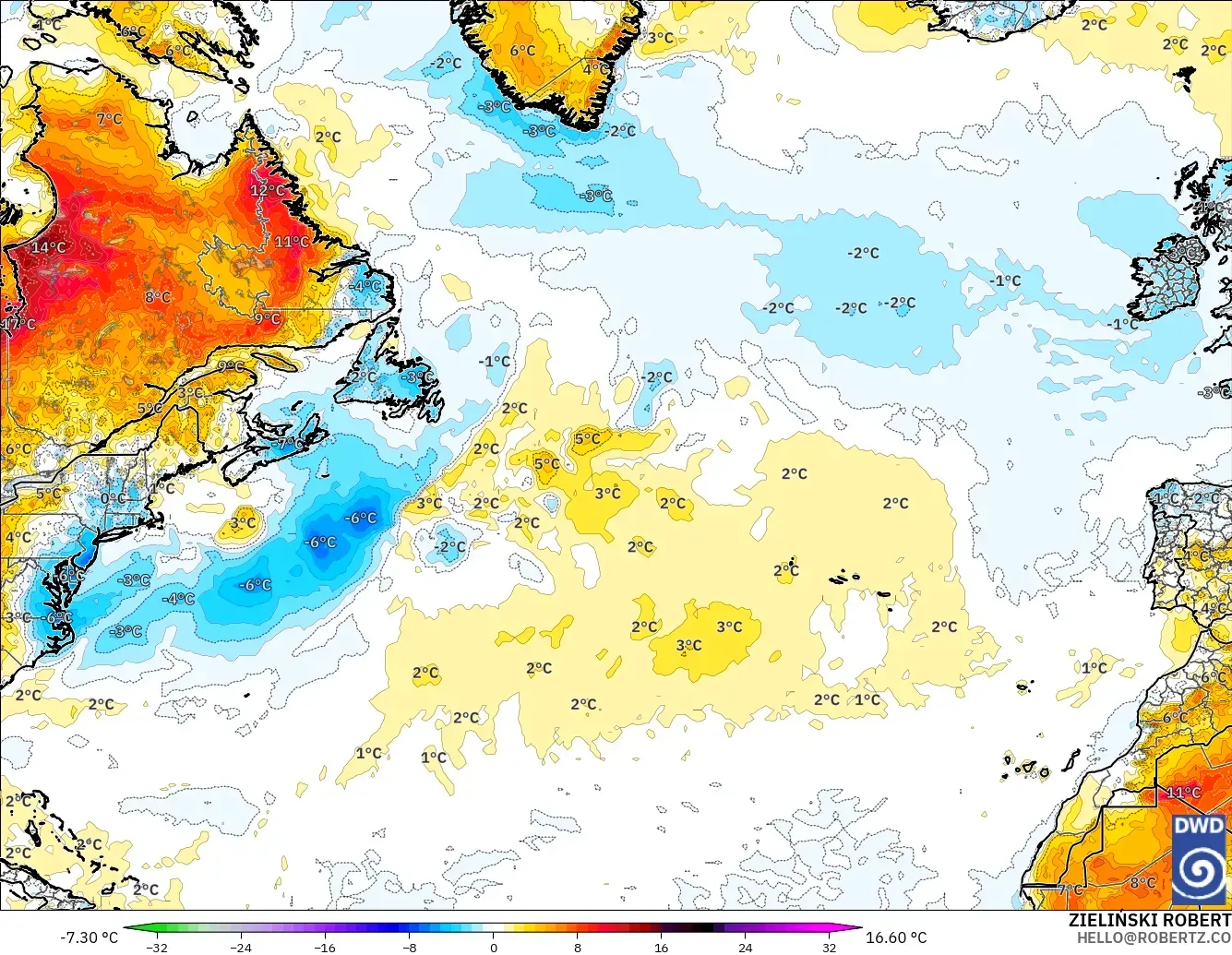 ICON modelo - Norte Atlántico, Anomalía de temperatura a 2 m