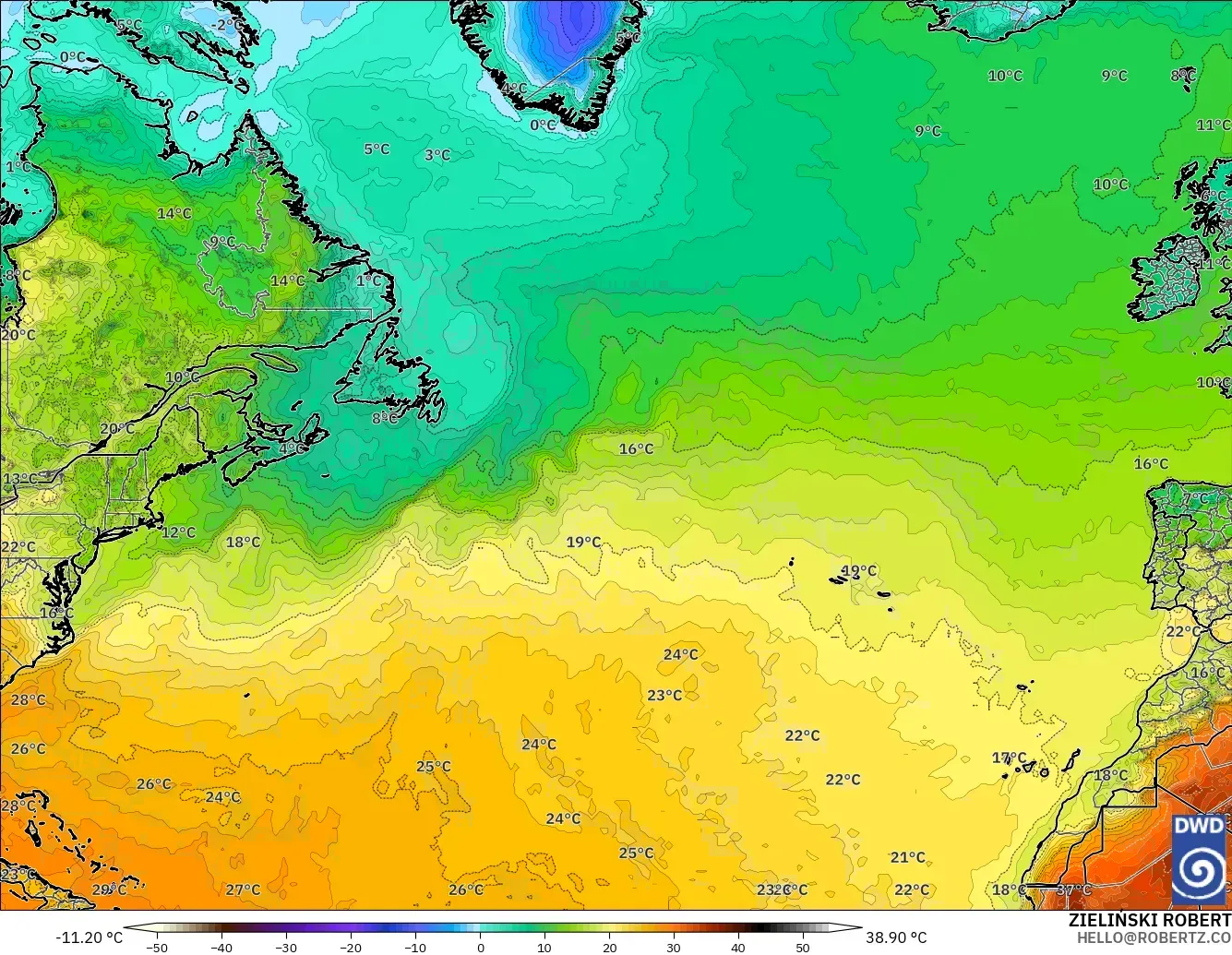 ICON modelo - Norte Atlántico, Temperatura a 2 m