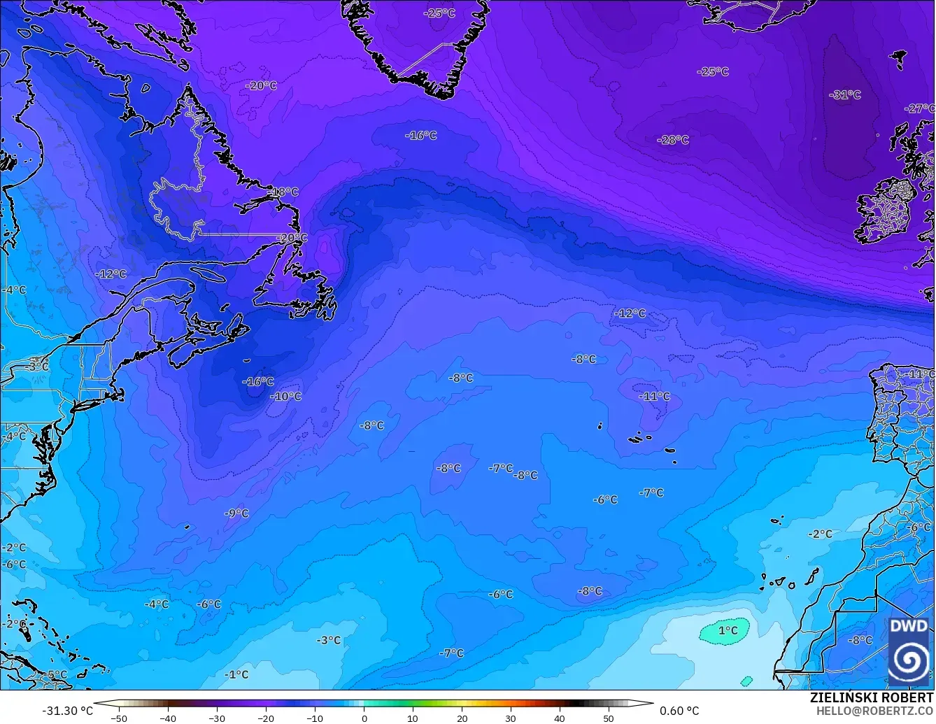 ICON modelo - Norte Atlántico, Temperatura a 500 hPa