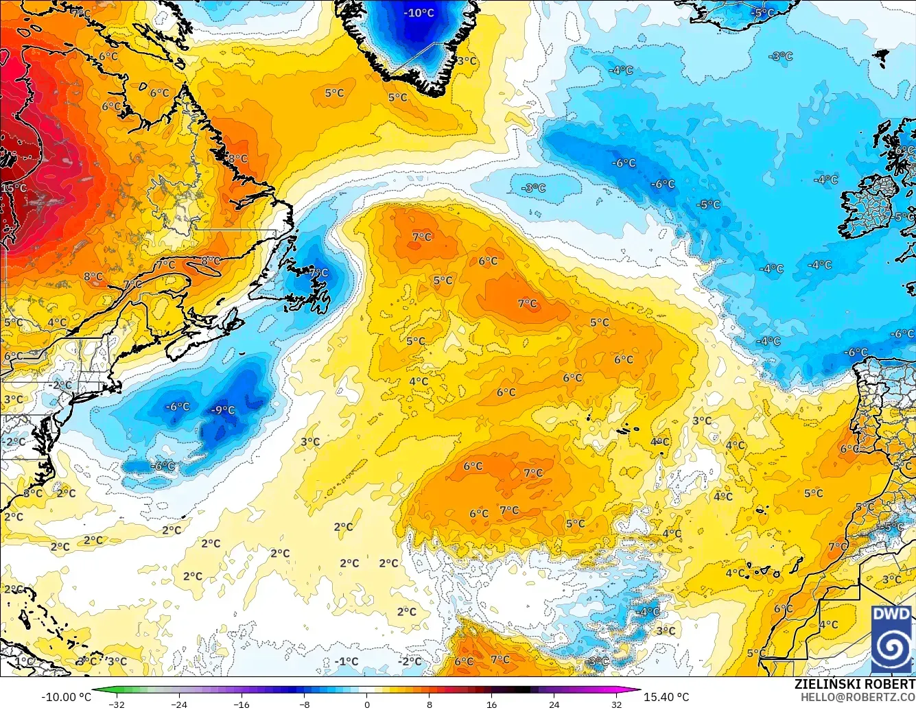 ICON modelo - Norte Atlántico, Anomalía de temperatura a 850 hPa