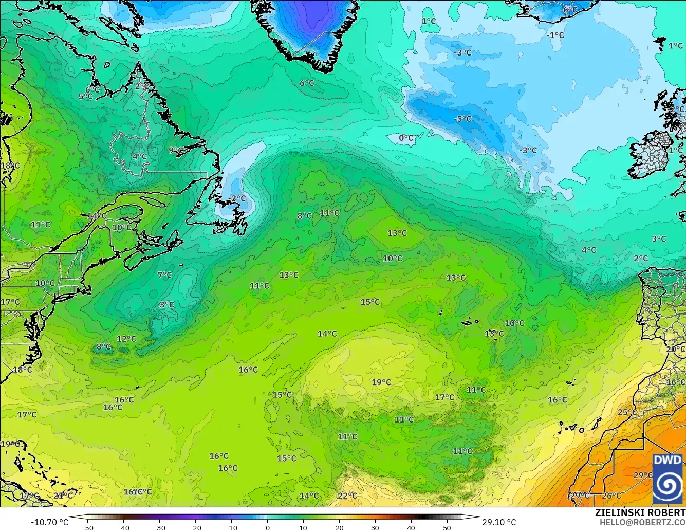 ICON modelo - Norte Atlántico, Temperatura a 850 hPa