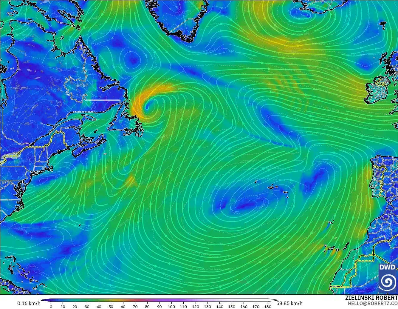 ICON modelo - Norte Atlántico, Viento a 10 m