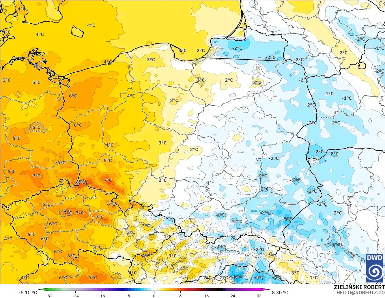 ICON modelo - Polonia, Anomalía de temperatura a 2 m