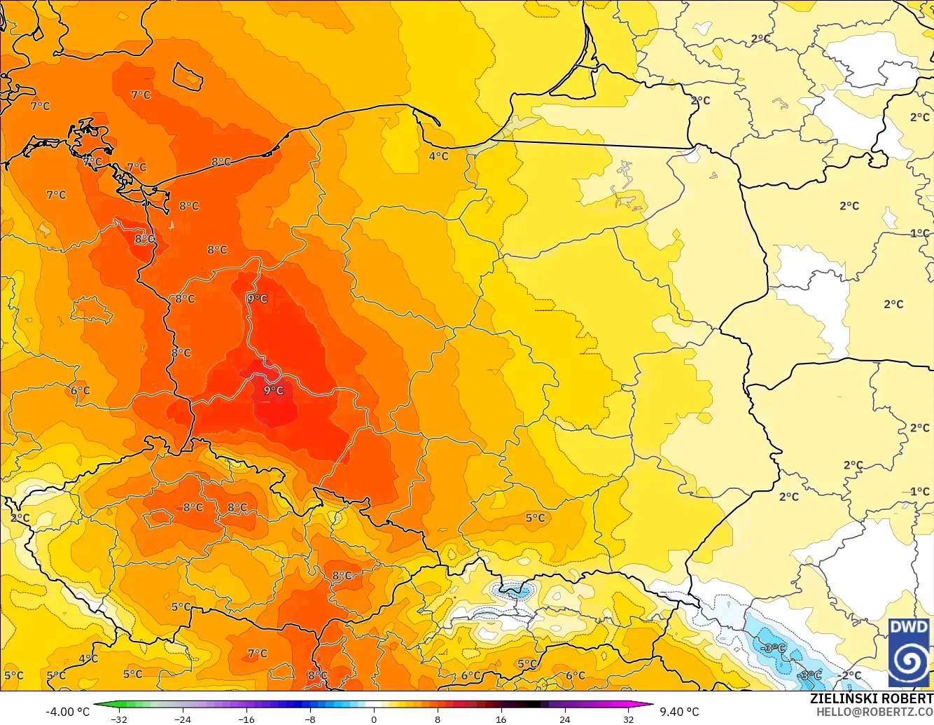 ICON modelo - Polonia, Anomalía de temperatura a 850 hPa