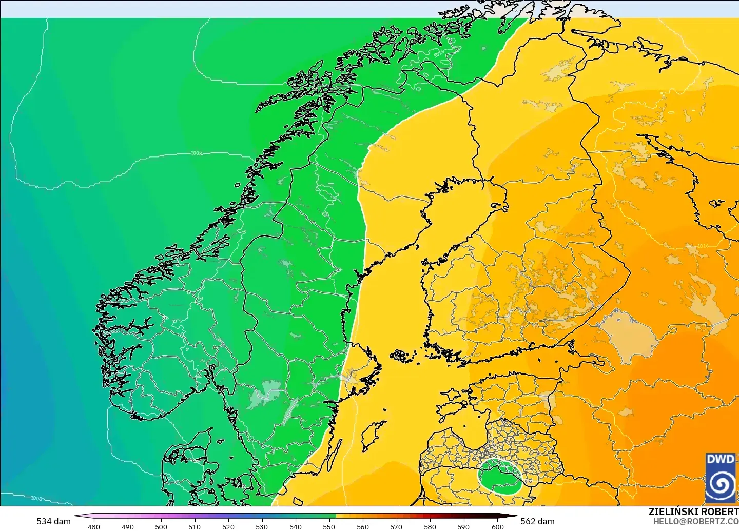 ICON modelo - Escandinavia, Altura geopotencial a 500 hPa