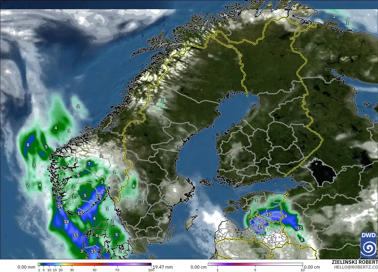 ICON modelo - Escandinavia, Precipitación, nubes y presión