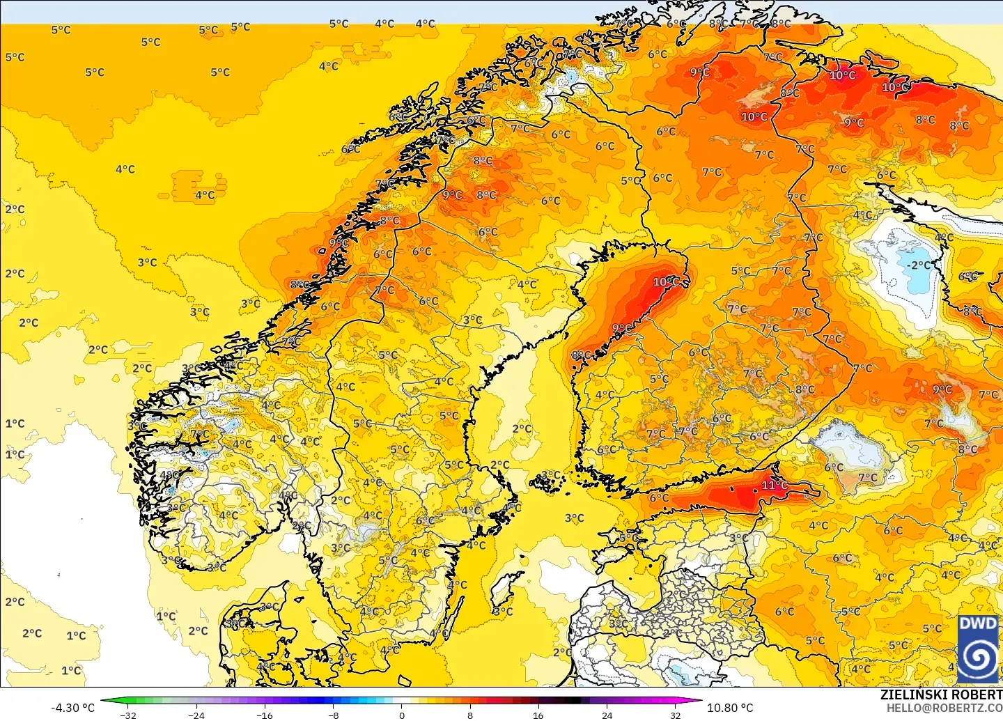 ICON modelo - Escandinavia, Anomalía de temperatura a 2 m