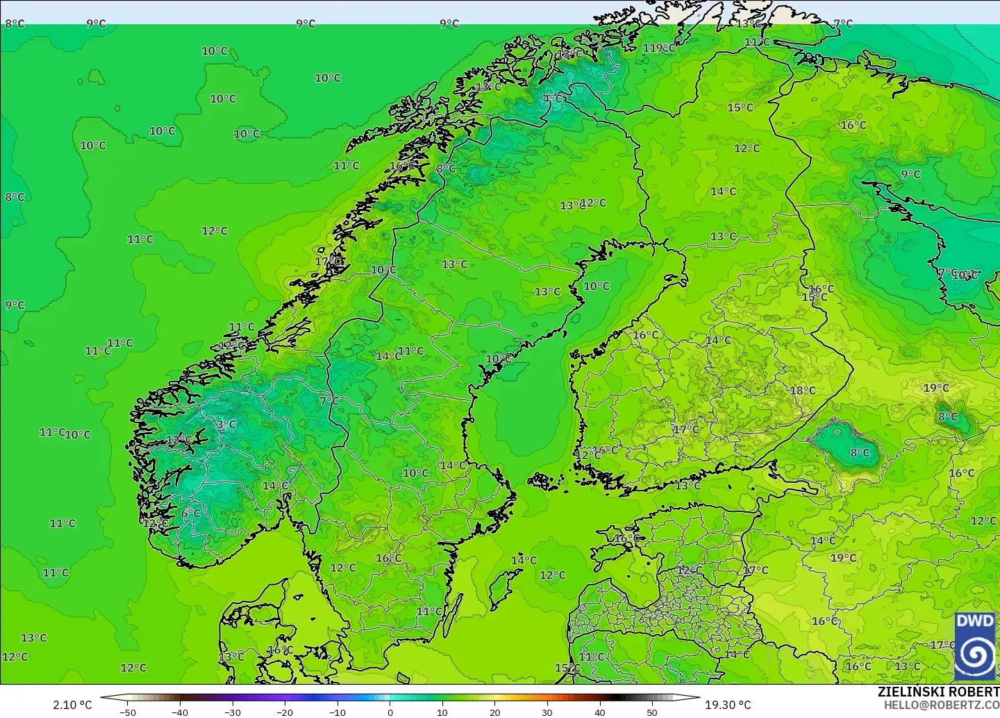 ICON modelo - Escandinavia, Temperatura a 2 m