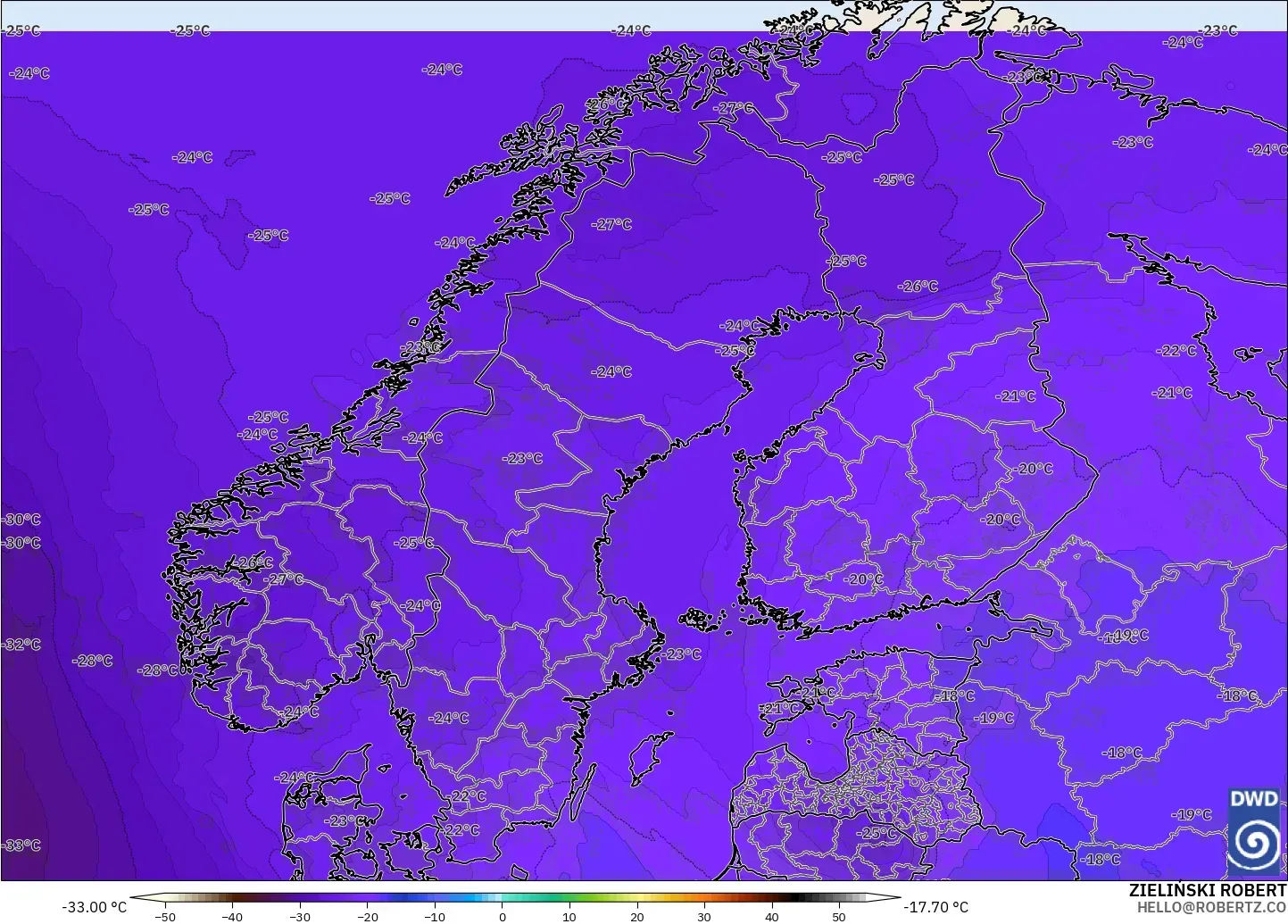 ICON modelo - Escandinavia, Temperatura a 500 hPa