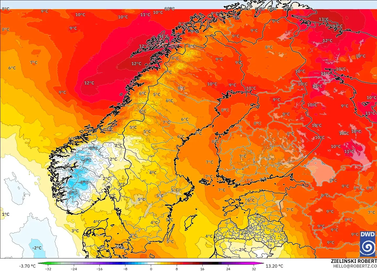 ICON modelo - Escandinavia, Anomalía de temperatura a 850 hPa