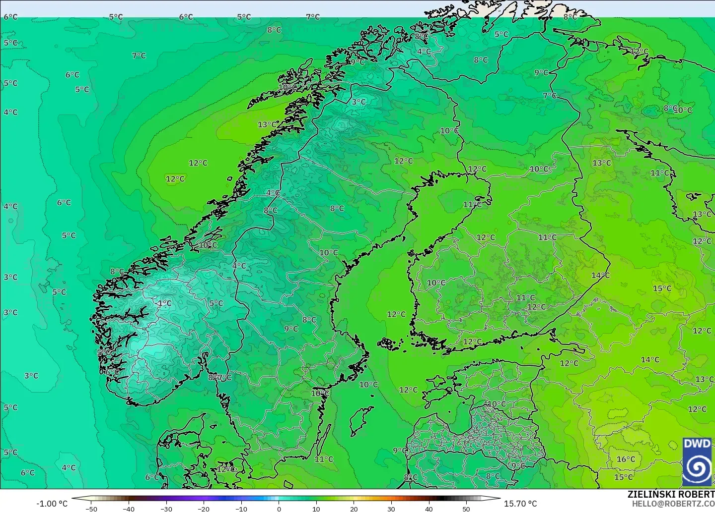 ICON modelo - Escandinavia, Temperatura a 850 hPa
