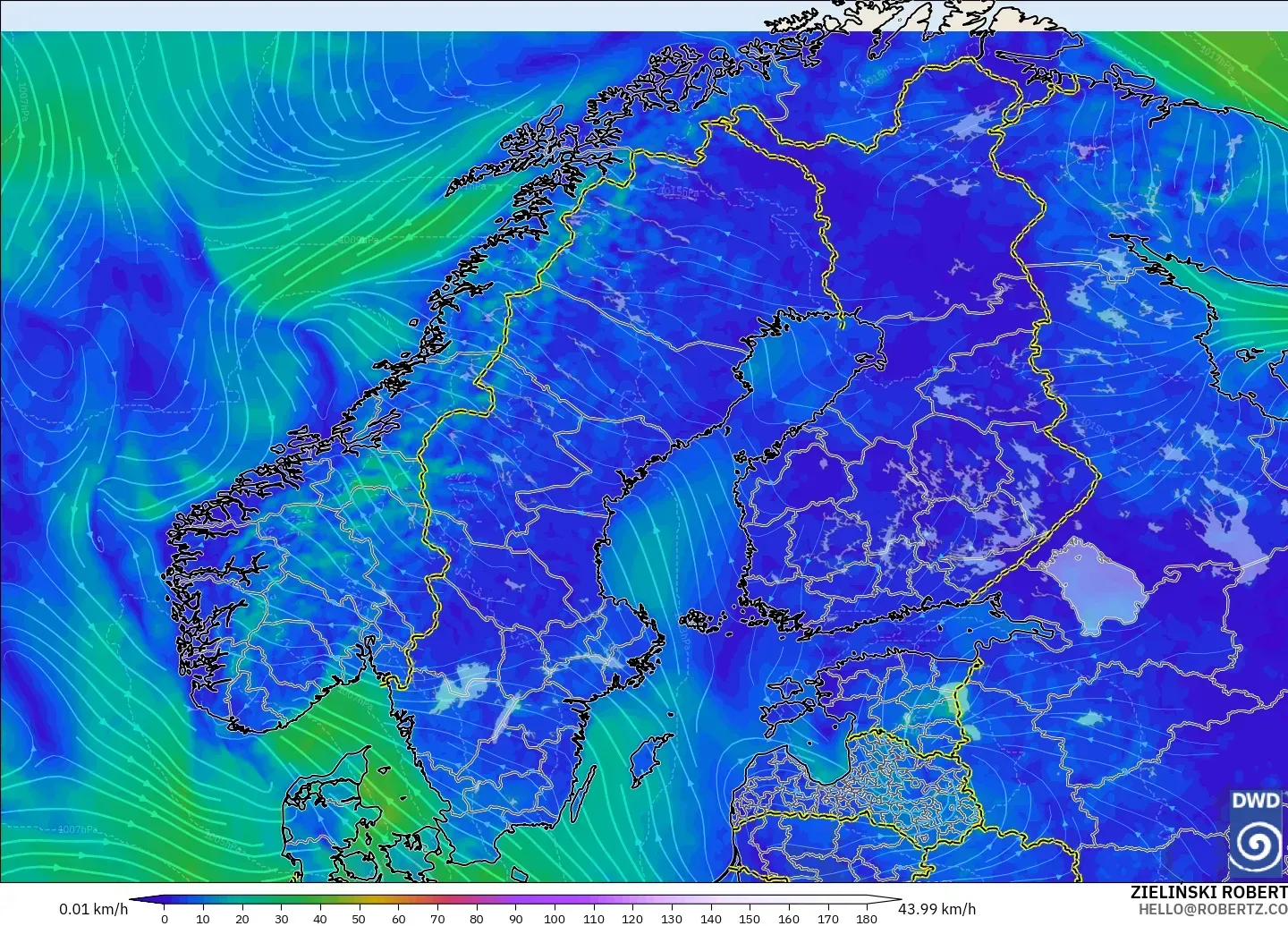 ICON modelo - Escandinavia, Viento a 10 m