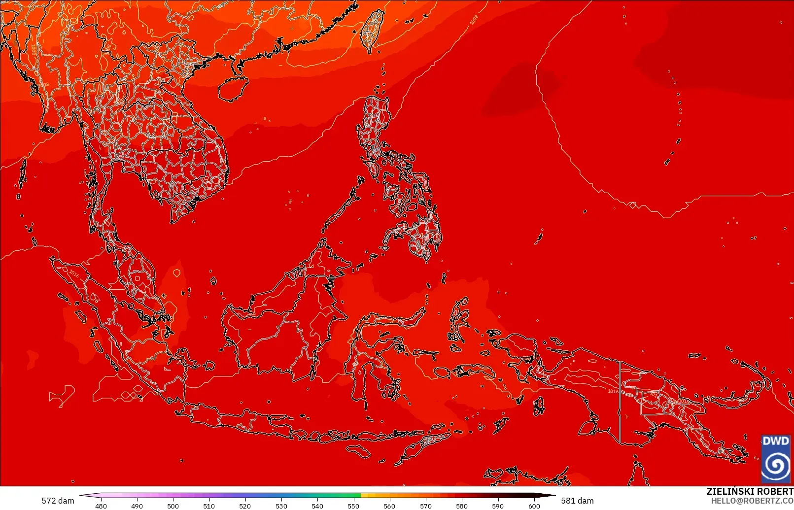 ICON modelo - Sudeste Asiático, Altura geopotencial a 500 hPa
