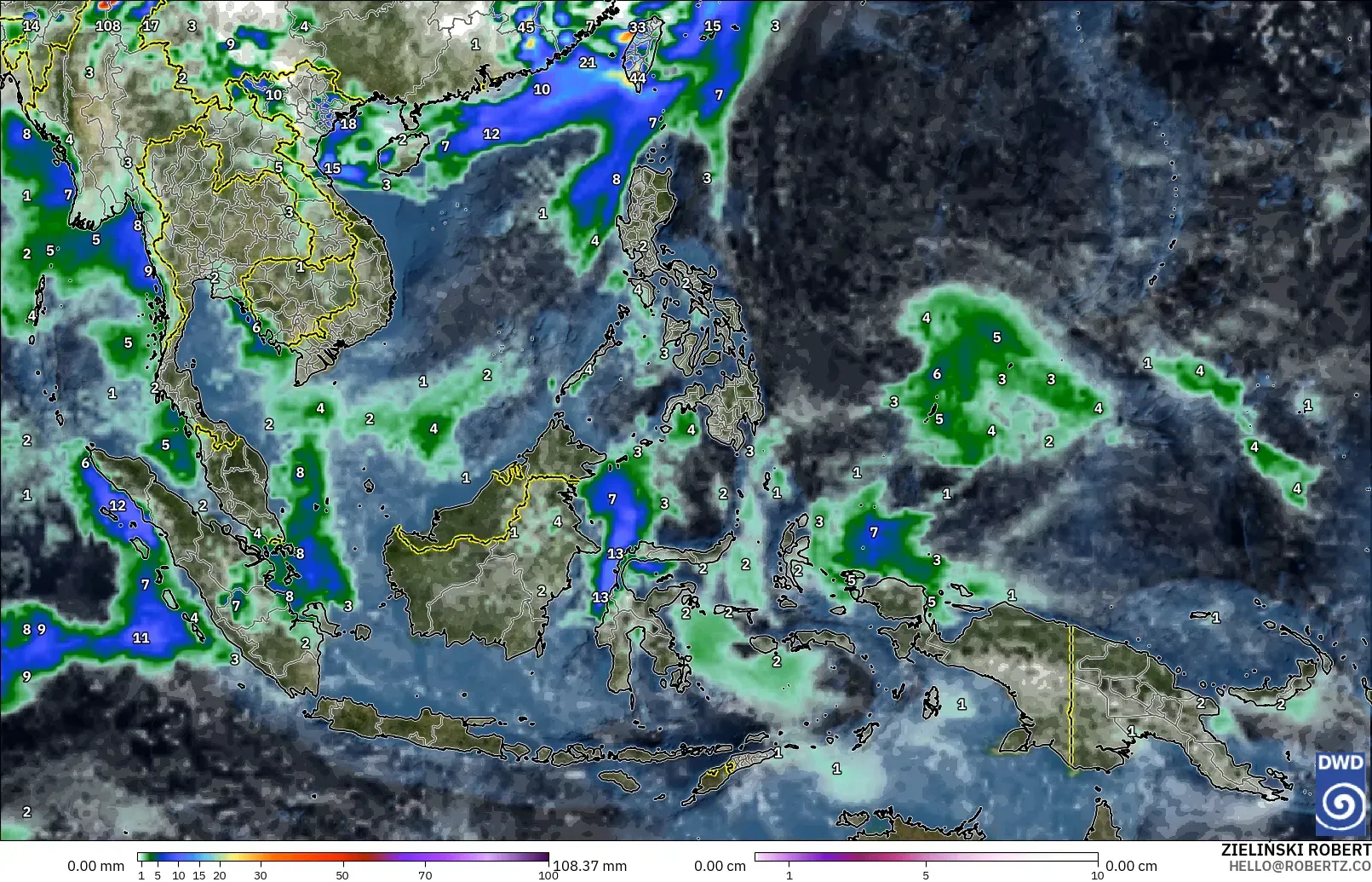 ICON modelo - Sudeste Asiático, Precipitación, nubes y presión