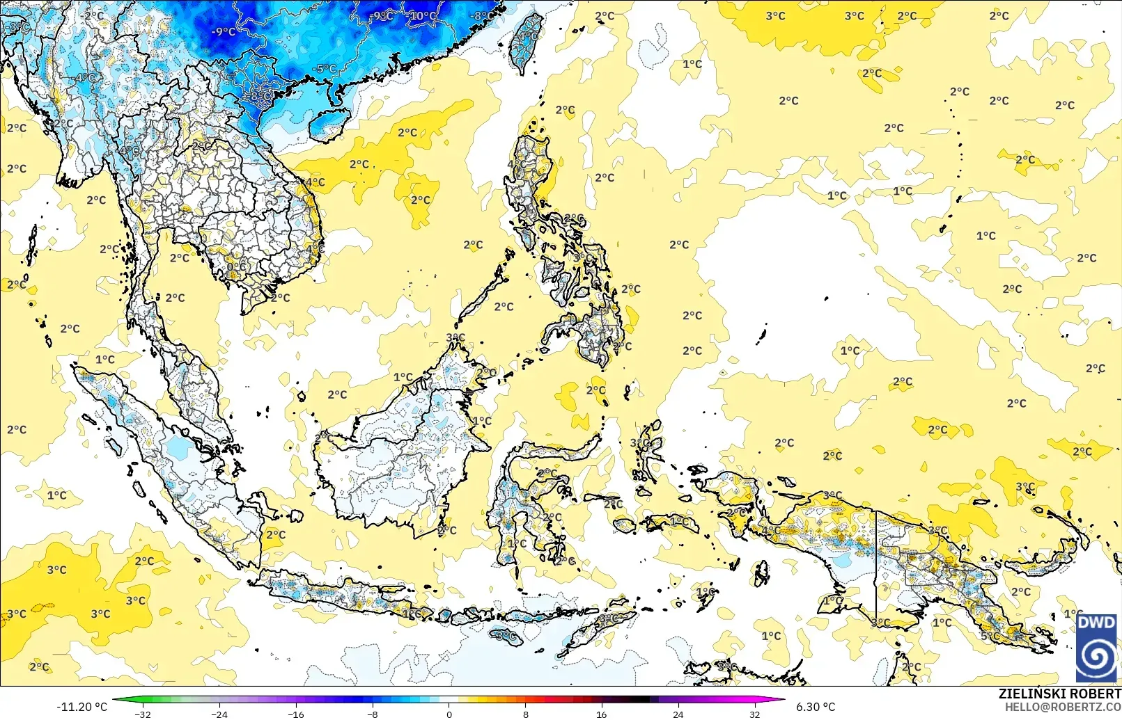 ICON modelo - Sudeste Asiático, Anomalía de temperatura a 2 m