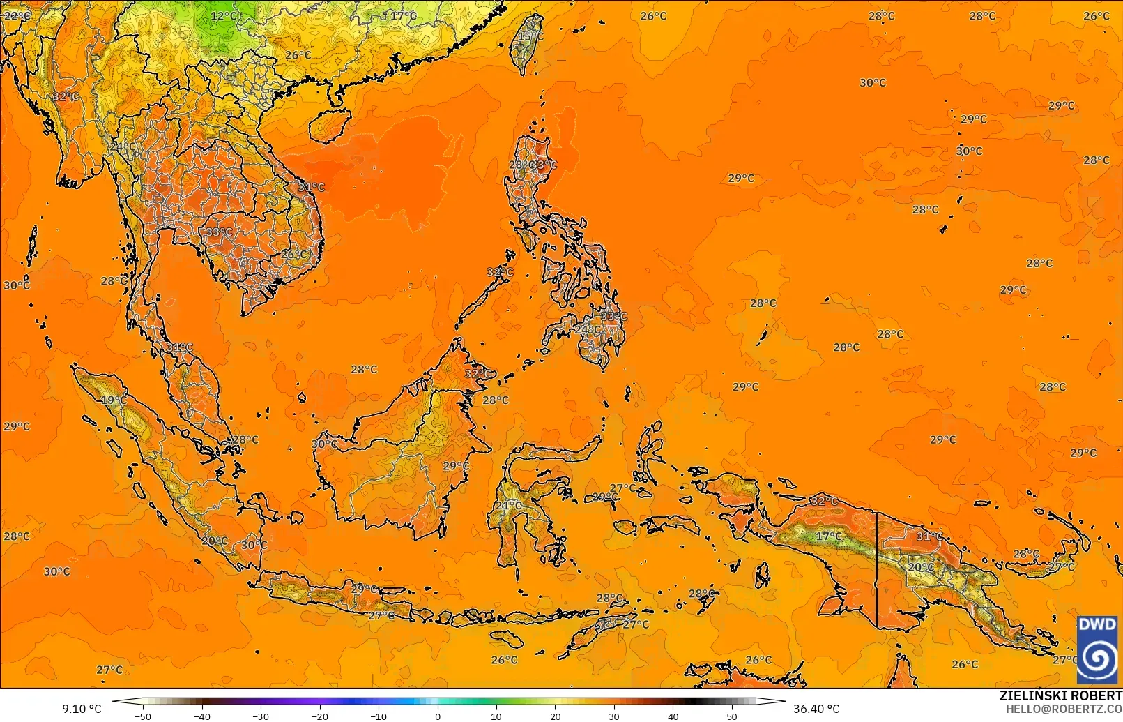 ICON modelo - Sudeste Asiático, Temperatura a 2 m
